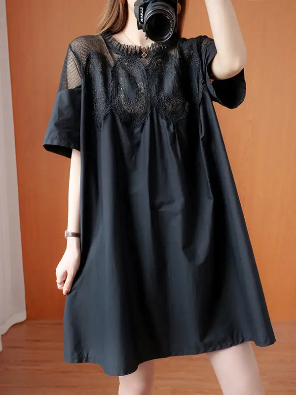 Original Solid Lace Split Side Short Sleeve A Line Mini Dress