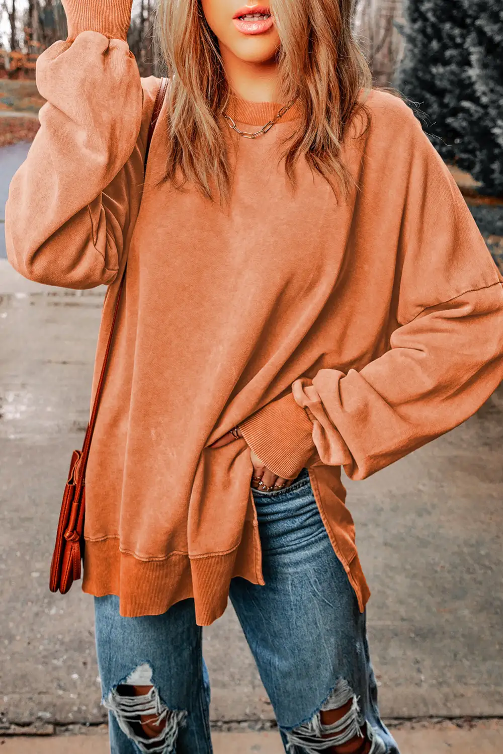 Grapefruit Drop Shoulder Ribbed Trim Oversized Sweatshirt