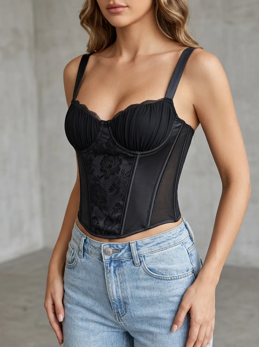 Jacquard Satin-Style Sheer-Panel Women's Corset Top