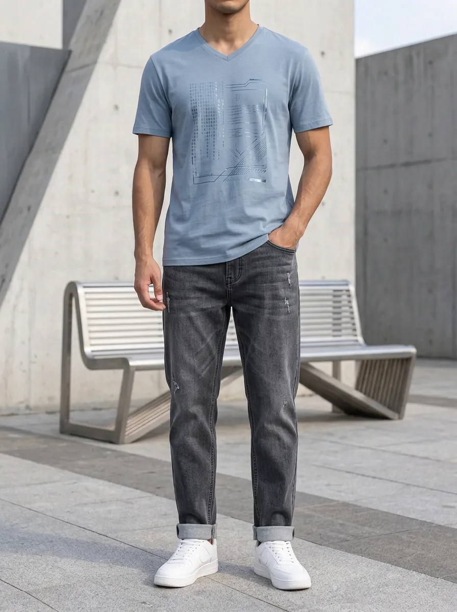 Men's Tech Graphic V-Neck Printed T-Shirt and Distressed Jeans Set
