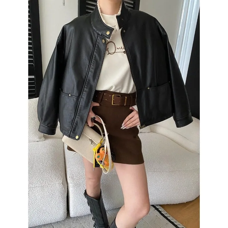 Stand-Collar Leather Fleece Casual Outerwear Jacket