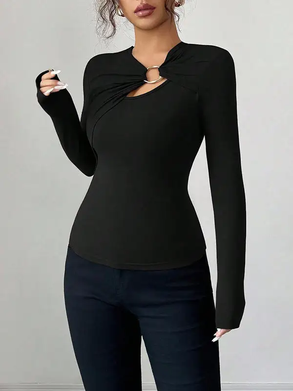 Long Sleeve Slim Fit Panel Detail Asymmetric Collar T-Shirt