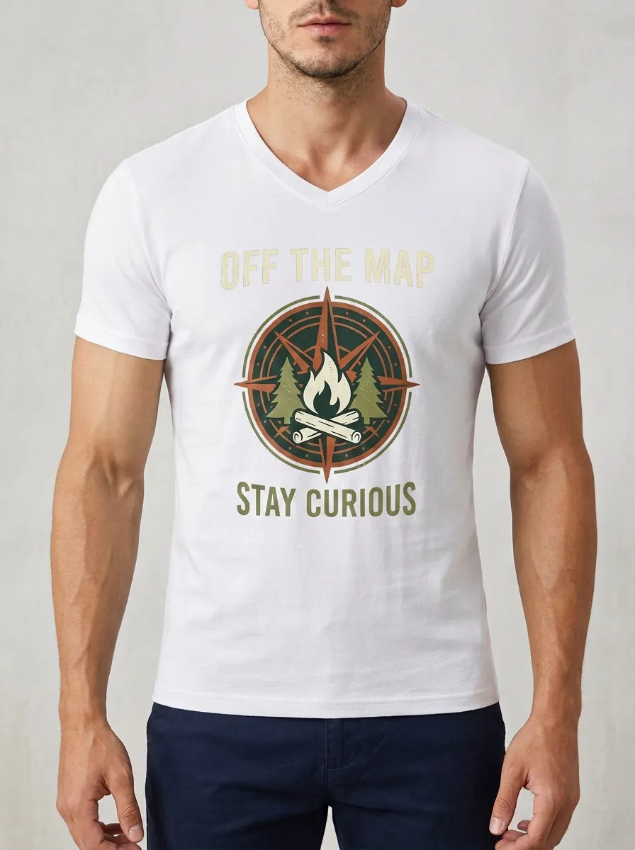 Men's Camping Adventure Compass Fire Printed V-Neck T-Shirt