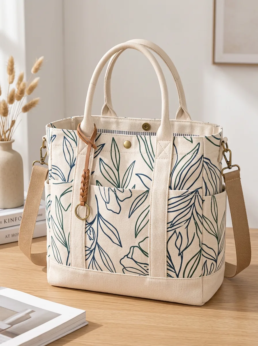 Women's Spacious Botanical Leaf Printed Canvas Shoulder Tote Bag