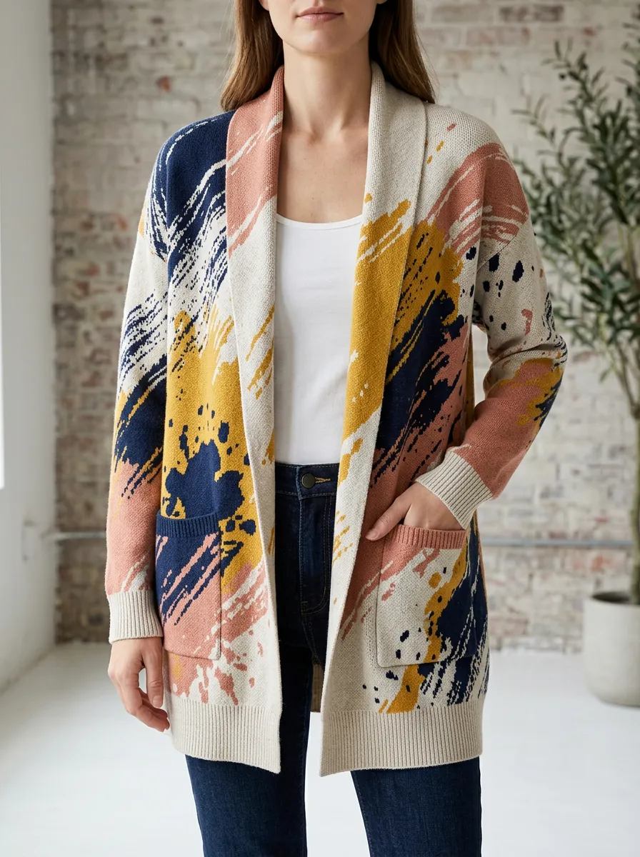Women's Abstract Art Pattern Printed Dropped Shoulder Everyday Layering Cardigan