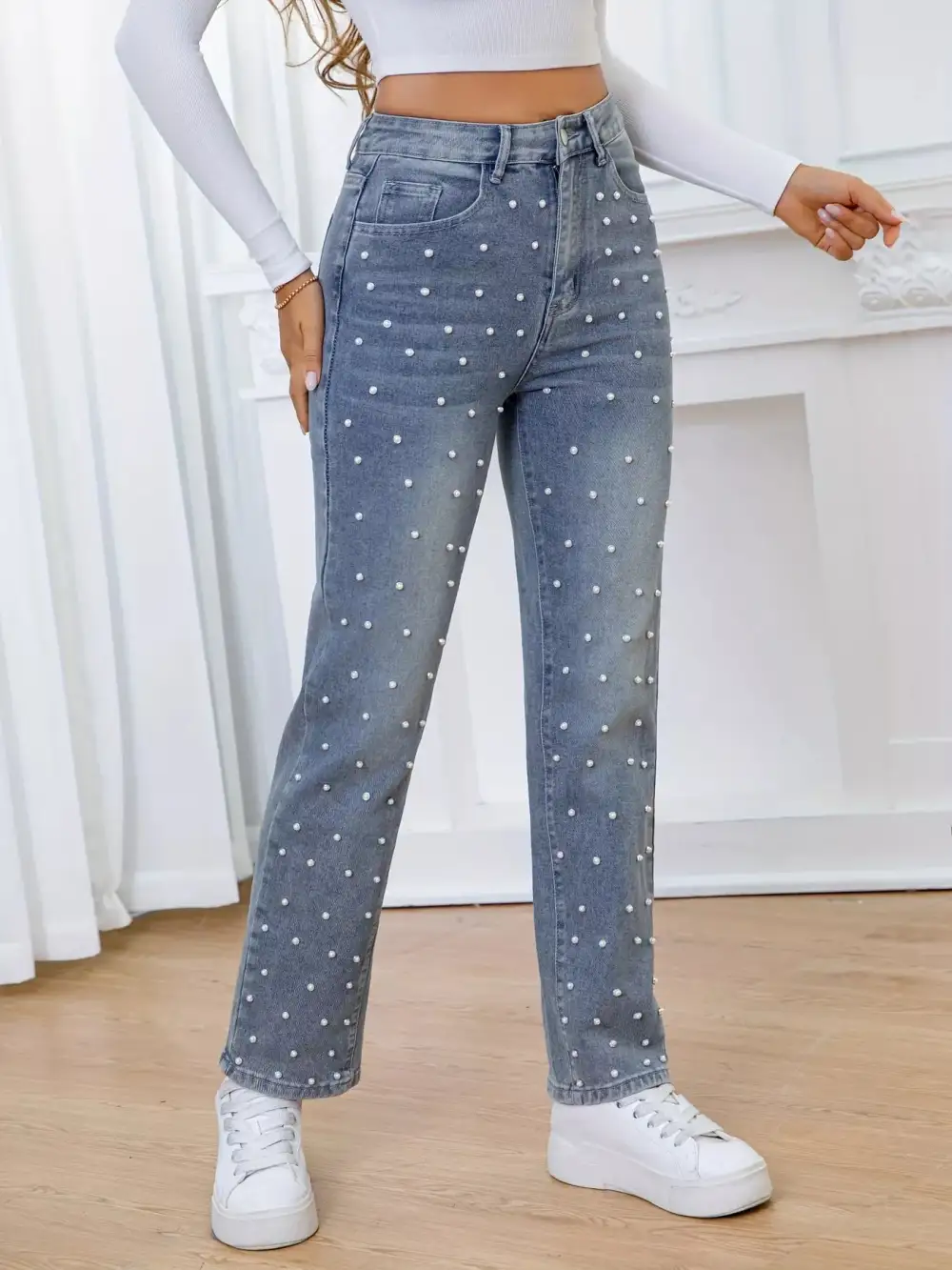 Denim High Rise Straight Leg Pocketed Jeans