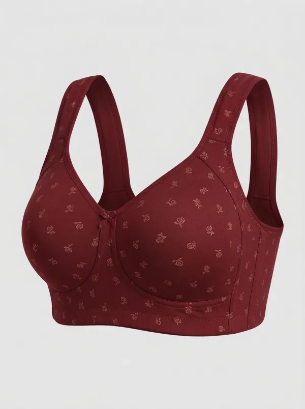 Women's Plus Size Beige Rose Floral Full-Coverage Wide-Strap Wireless Bra