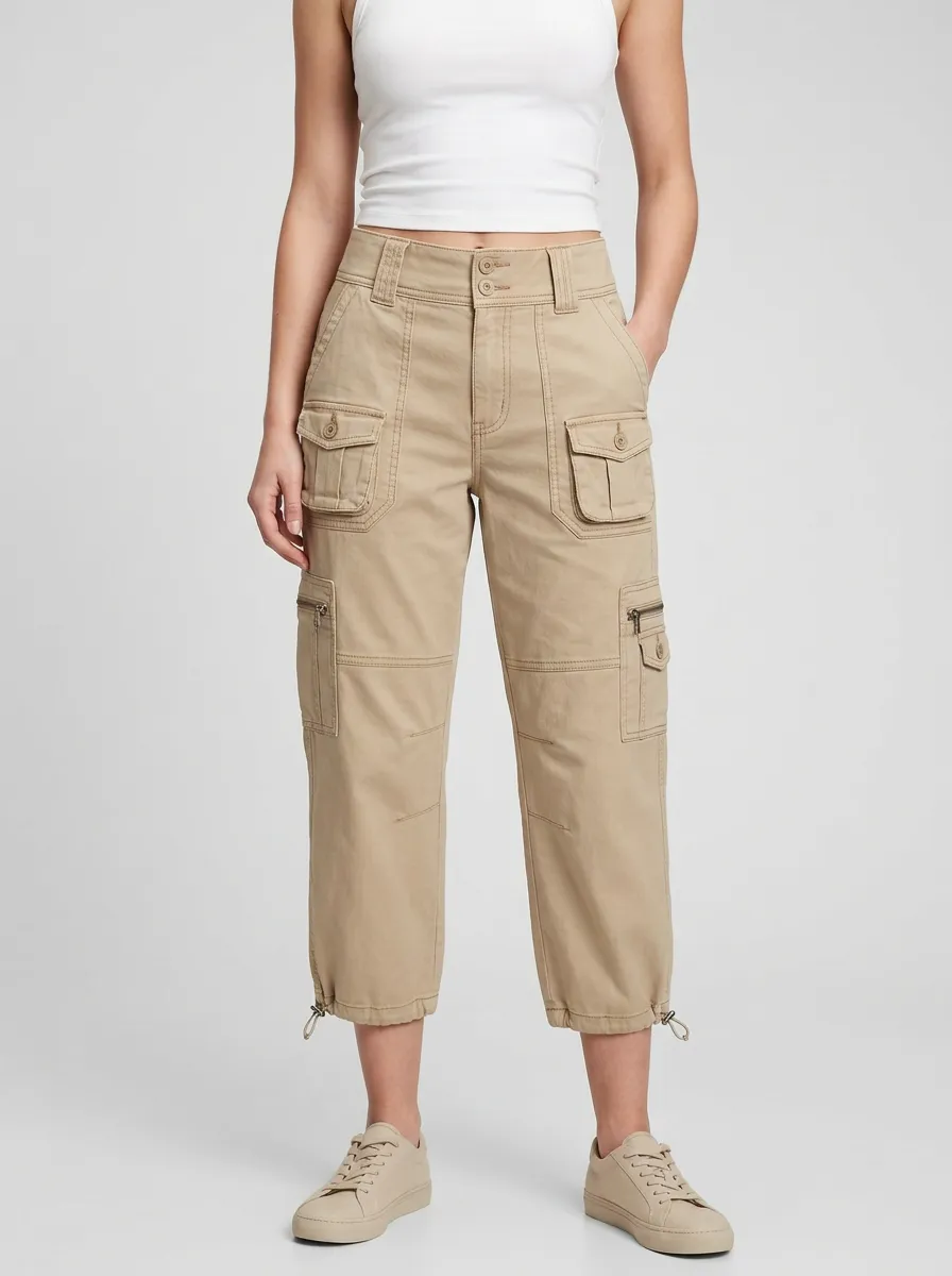 Women's Multi Pocket Workwear Inspired Mid Rise Cropped Cargo Pants
