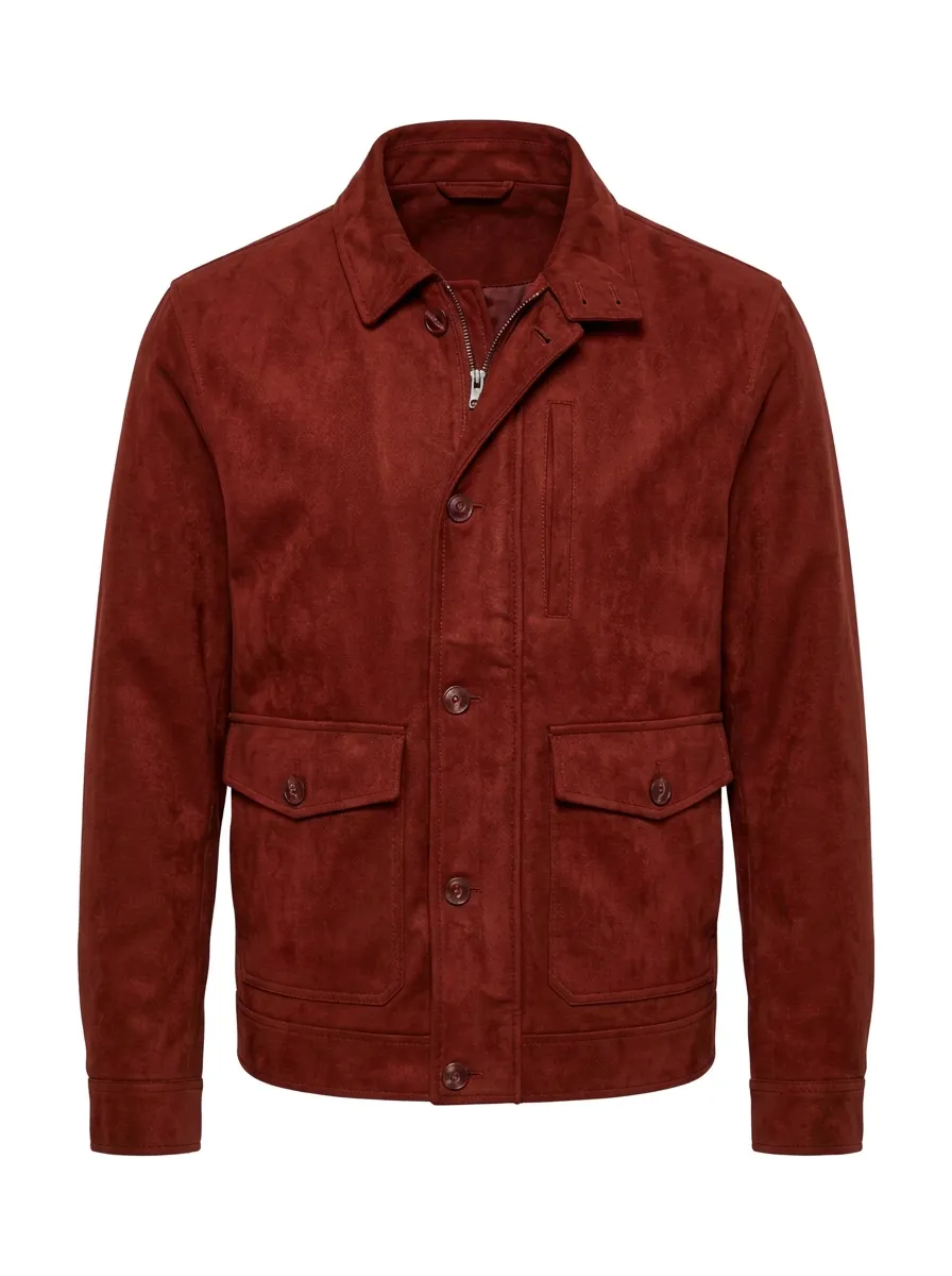 Men's Casual Olive Green Suede Texture Button-Up Jacket