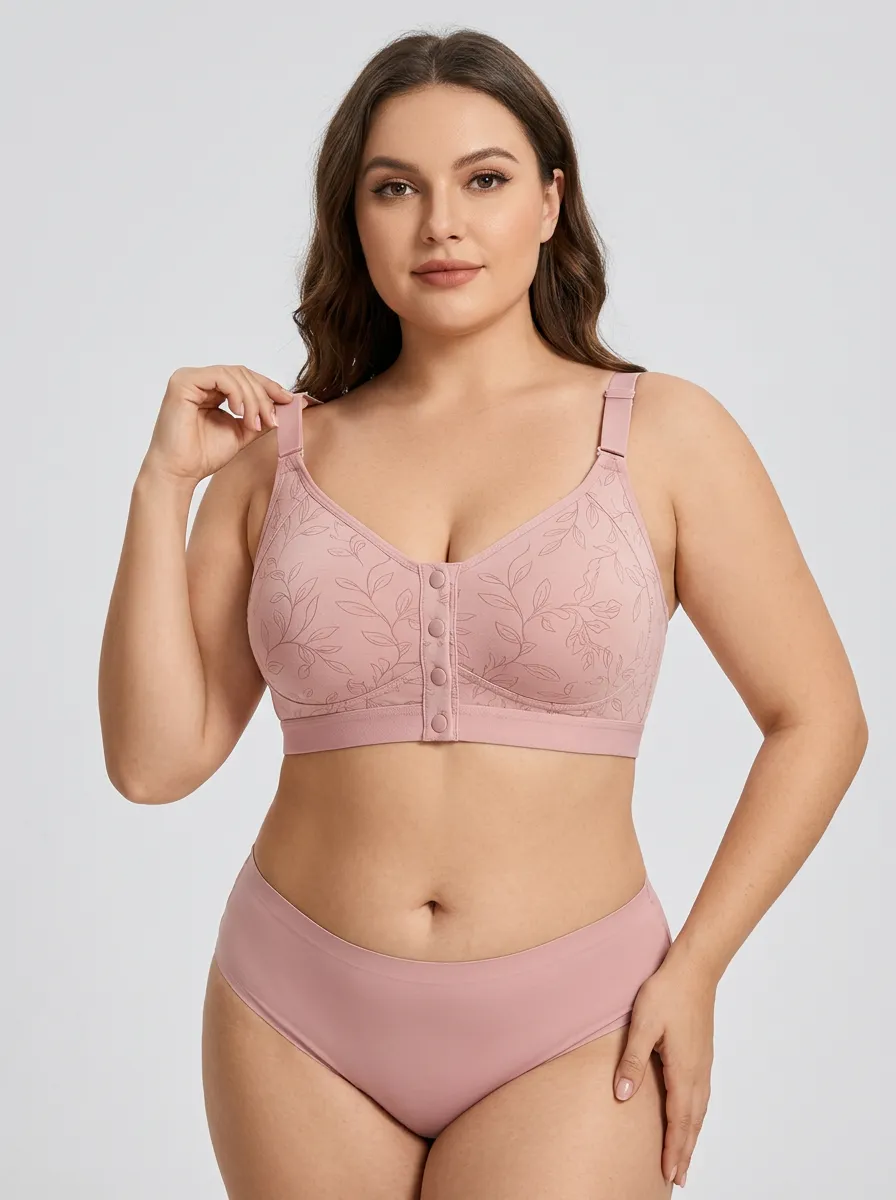 Women's Plus Size Dusty Rose Rose Floral Front-Closure Full-Coverage Wireless Bralette