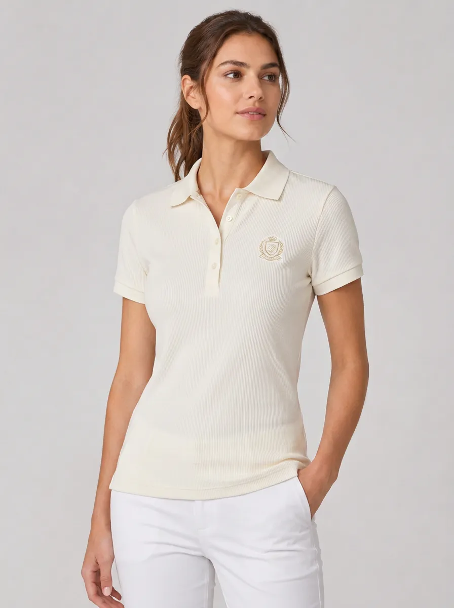 Women's Equestrian Lover Crest Logo Printed Ribbed Crest Polo Shirt