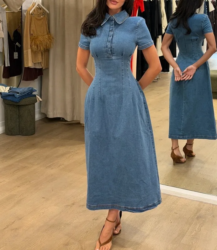 Light Blue Denim Collared Midi Dress