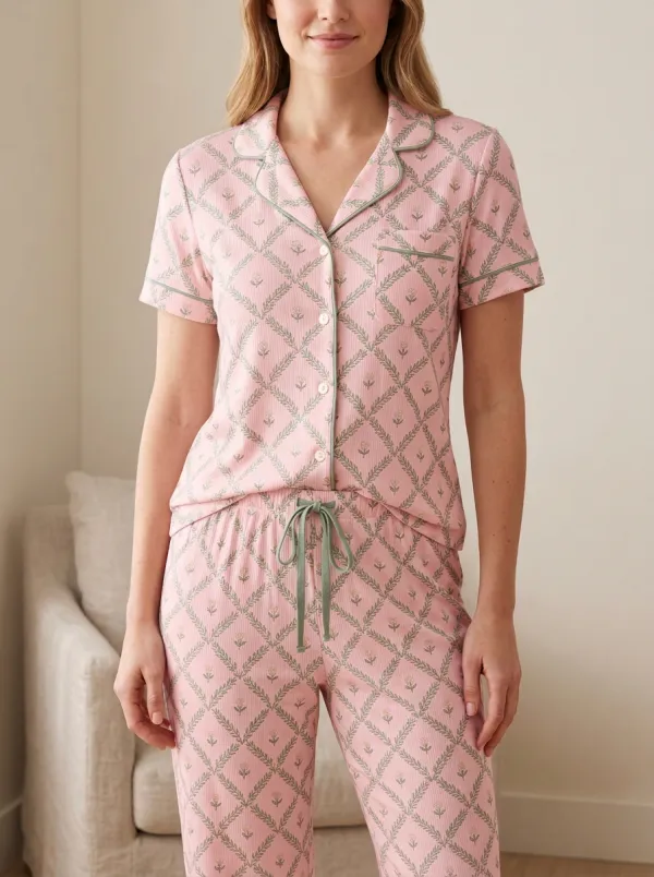 Women's Floral Lattice Pattern Printed Pajama Set
