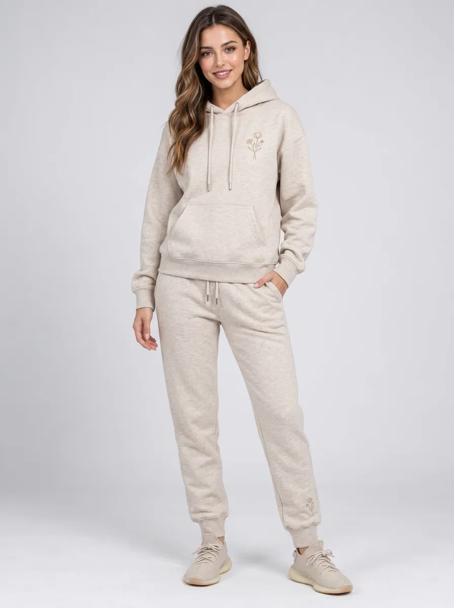 Women's Minimalist Floral Line Art Beige Hoodie & Jogger Set