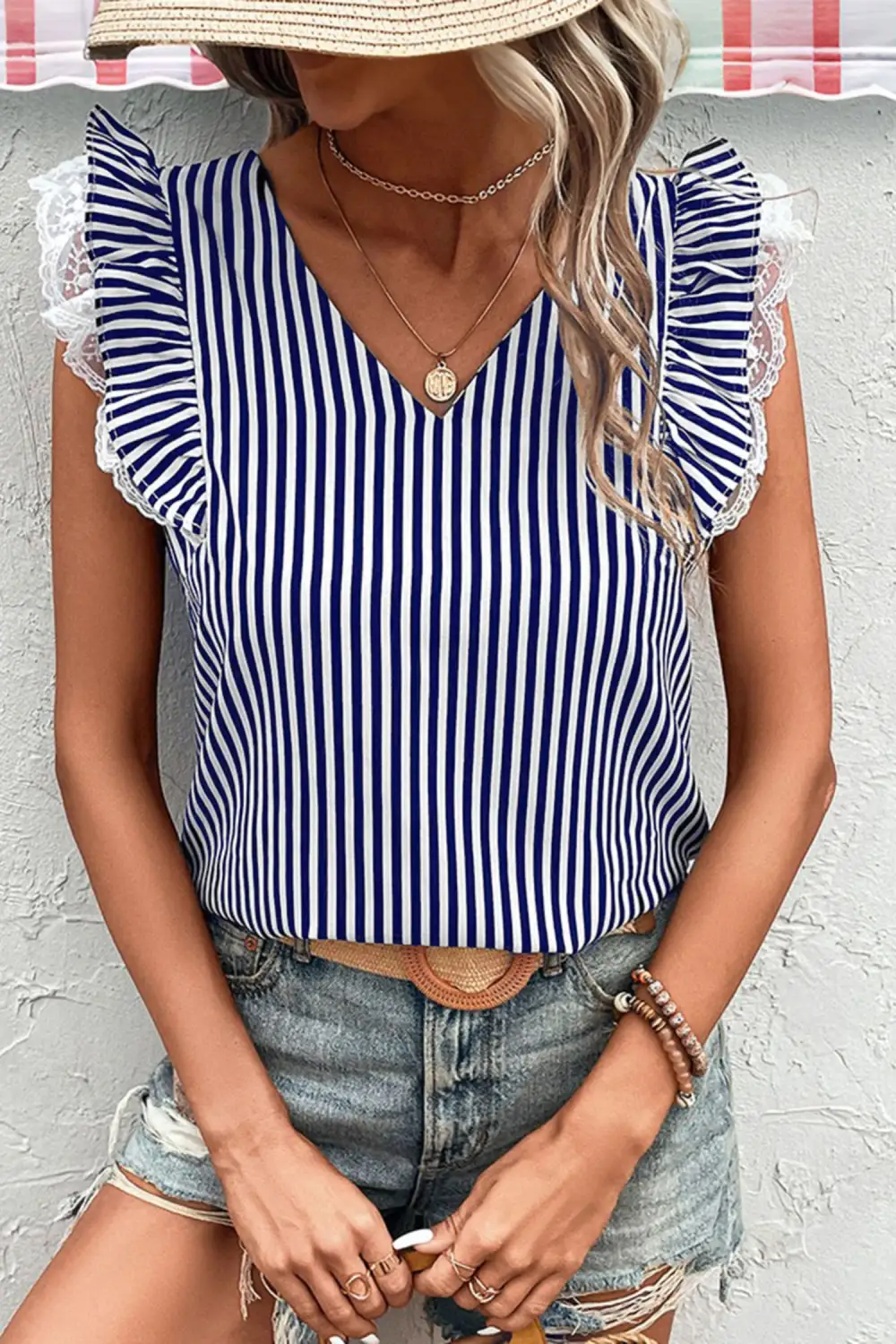 V Neck Lace Contrast Ruffle Trim Tank Top