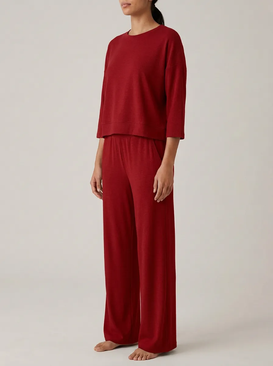 Women's Cropped Three-Quarter-Sleeve Crewneck Top And Wide-Leg Trouser Lounge Set