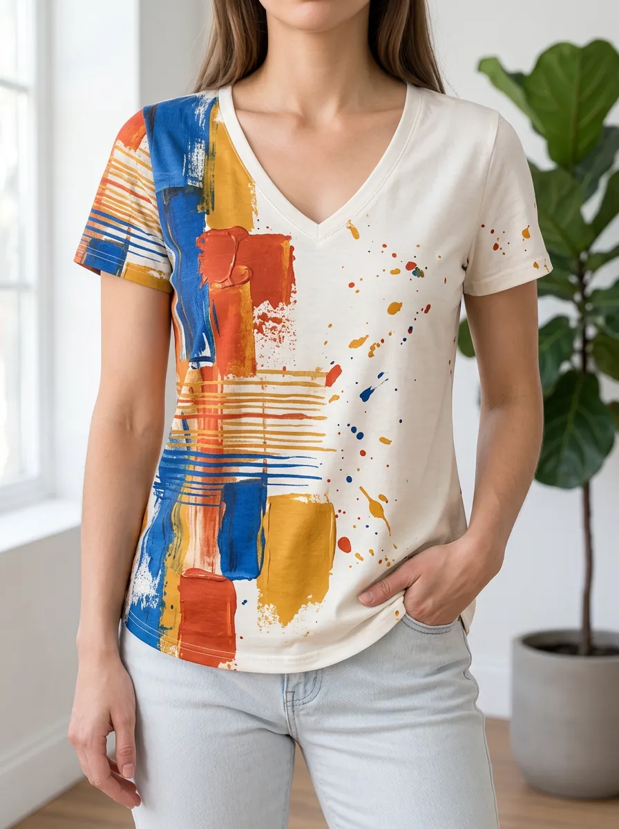 Women's Expressive Abstract Art Paint Splatter V-Neck T-Shirt
