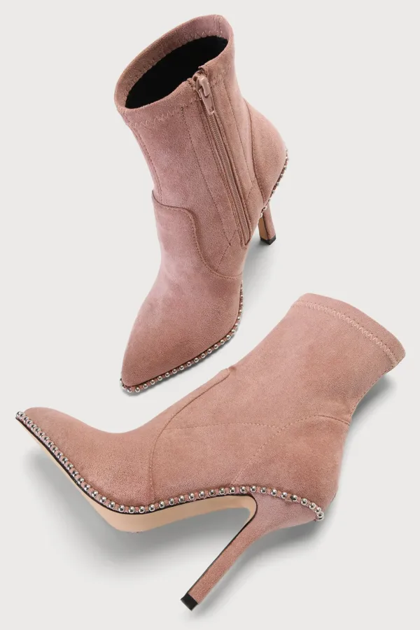 Faux-Suede Studded Zip-Up Pointed-Toe Ankle Boots