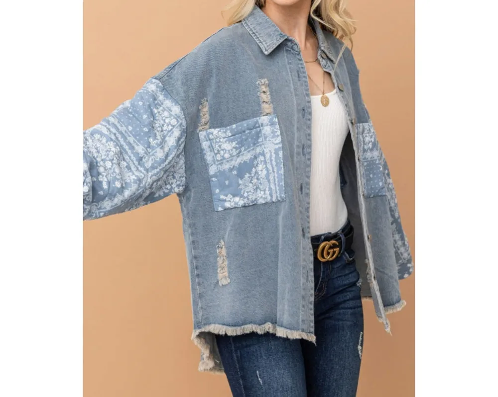 Plus Size Paisley Print Quilted Sleeves Denim Jacket