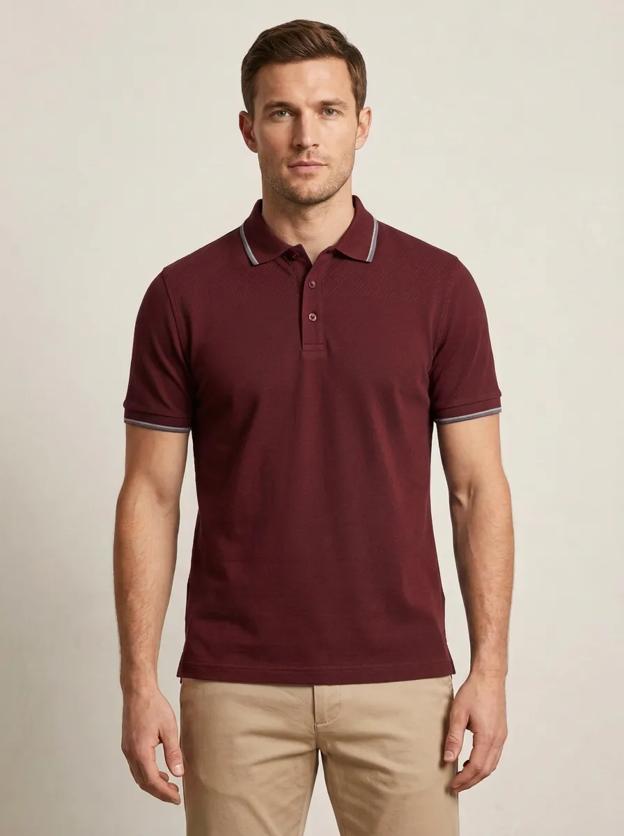 Men's Navy Blue Grey Tipped Collar Textured Polo Shirt