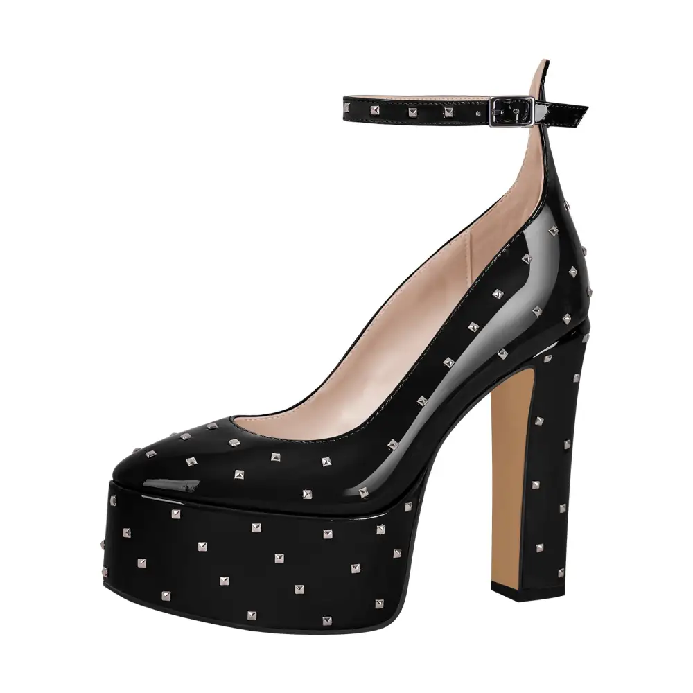 Rivet Round Toe Platform Chunky Heel Ankle Strap Pumps