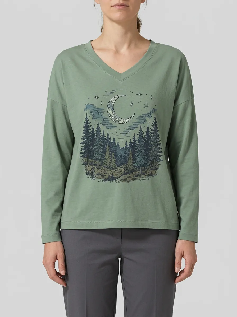 Women's Moon Graphic V-Neck Long-Sleeve T-Shirt