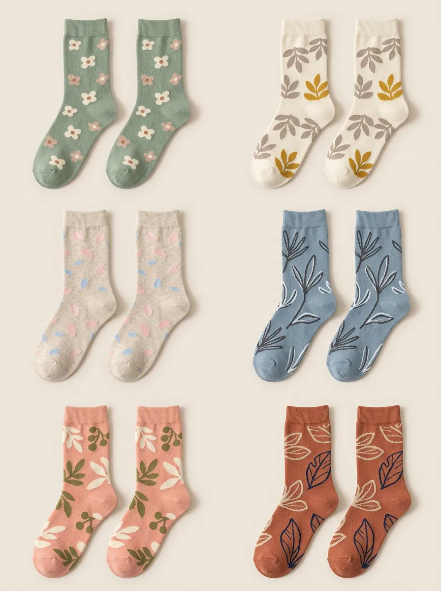 Women's Botanical Leaf Mid Calf Socks Six Pair Set