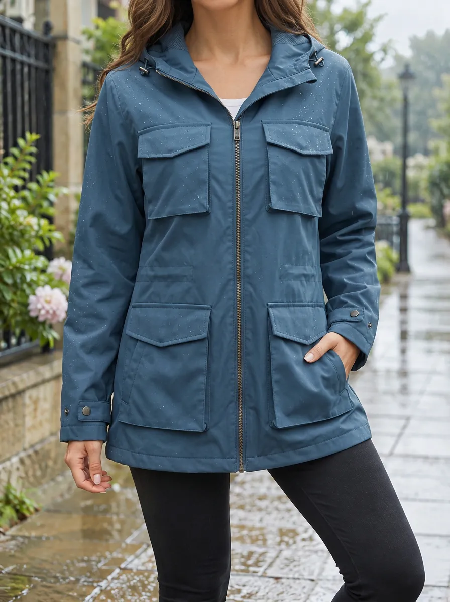 Women's Blue Hooded Multi-Pocket Waterproof Jacket