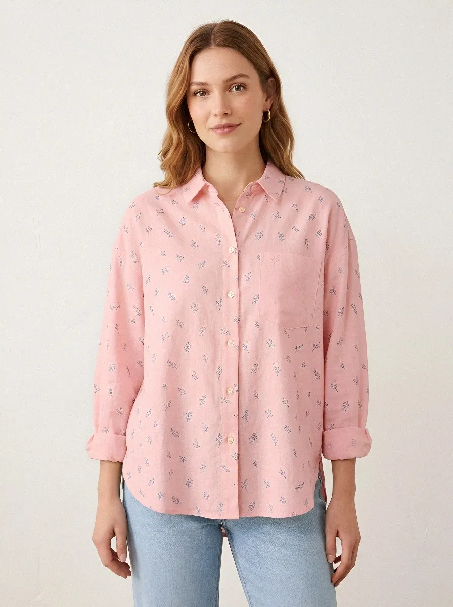 Women's Casual Botanical Blue Leaf Printed Button-Down Shirt