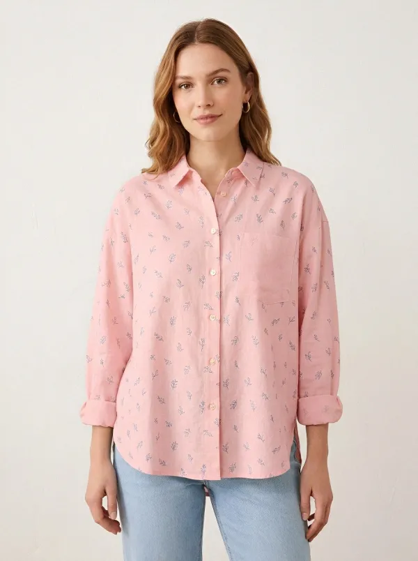 Women's Casual Botanical Blue Leaf Printed Button-Down Shirt