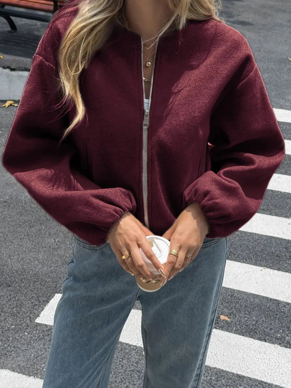 Textured Zip Front Elastic Hem Bomber Jacket