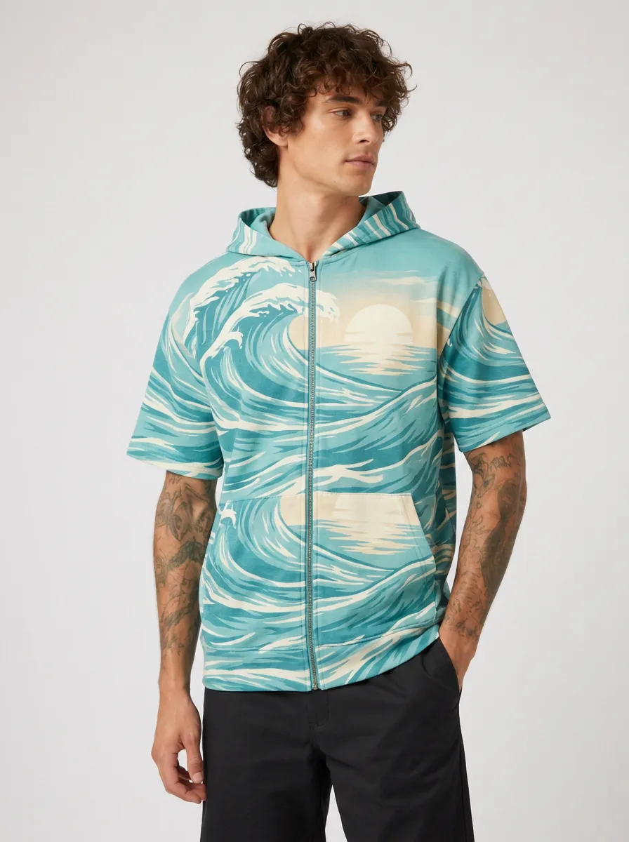Men's Ocean Wave Sunset Printed Short Sleeve Zip Hoodie