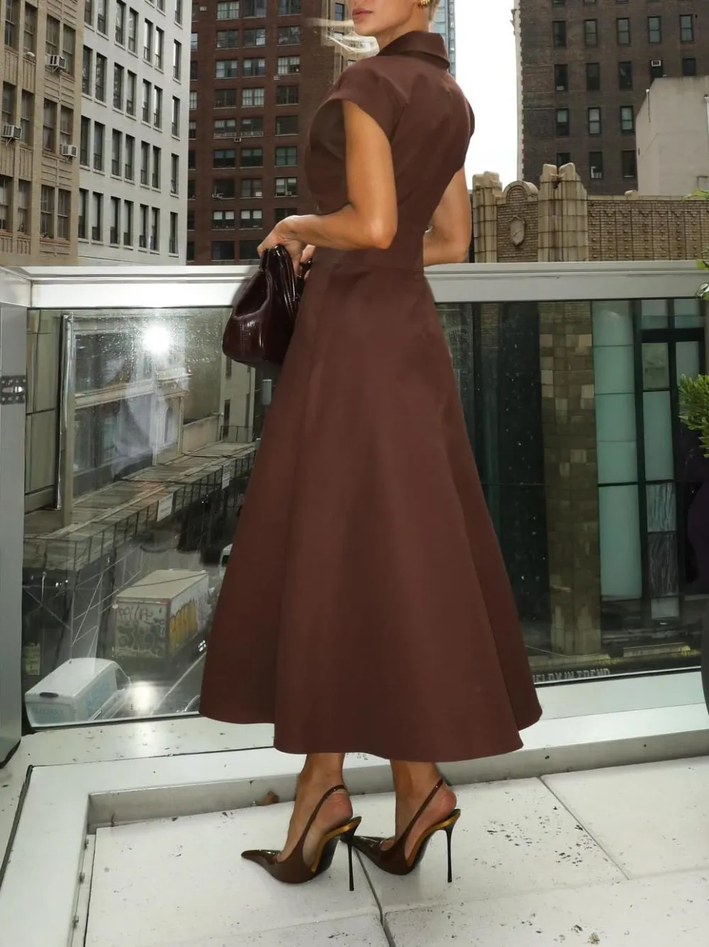 Elegant V Neck Waisted Flowing Midi Dress