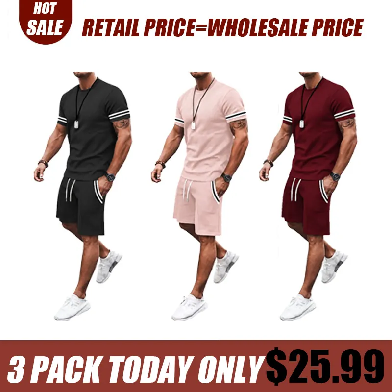 Men's Two-Piece Set: Color-Contrast Trim T-Shirt and Drawstring Shorts