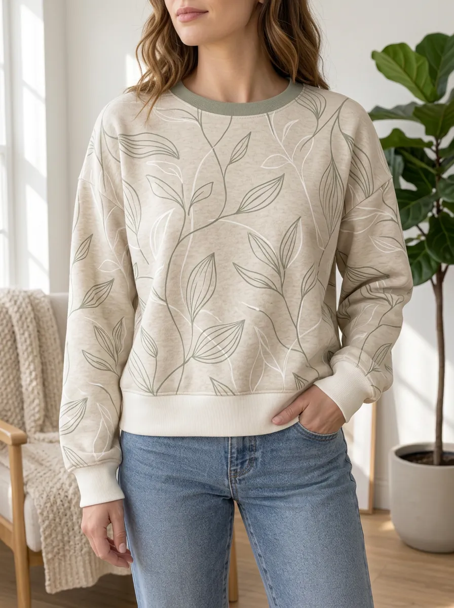 Women's Botanical Print Crewneck Sweatshirt Crew Neck