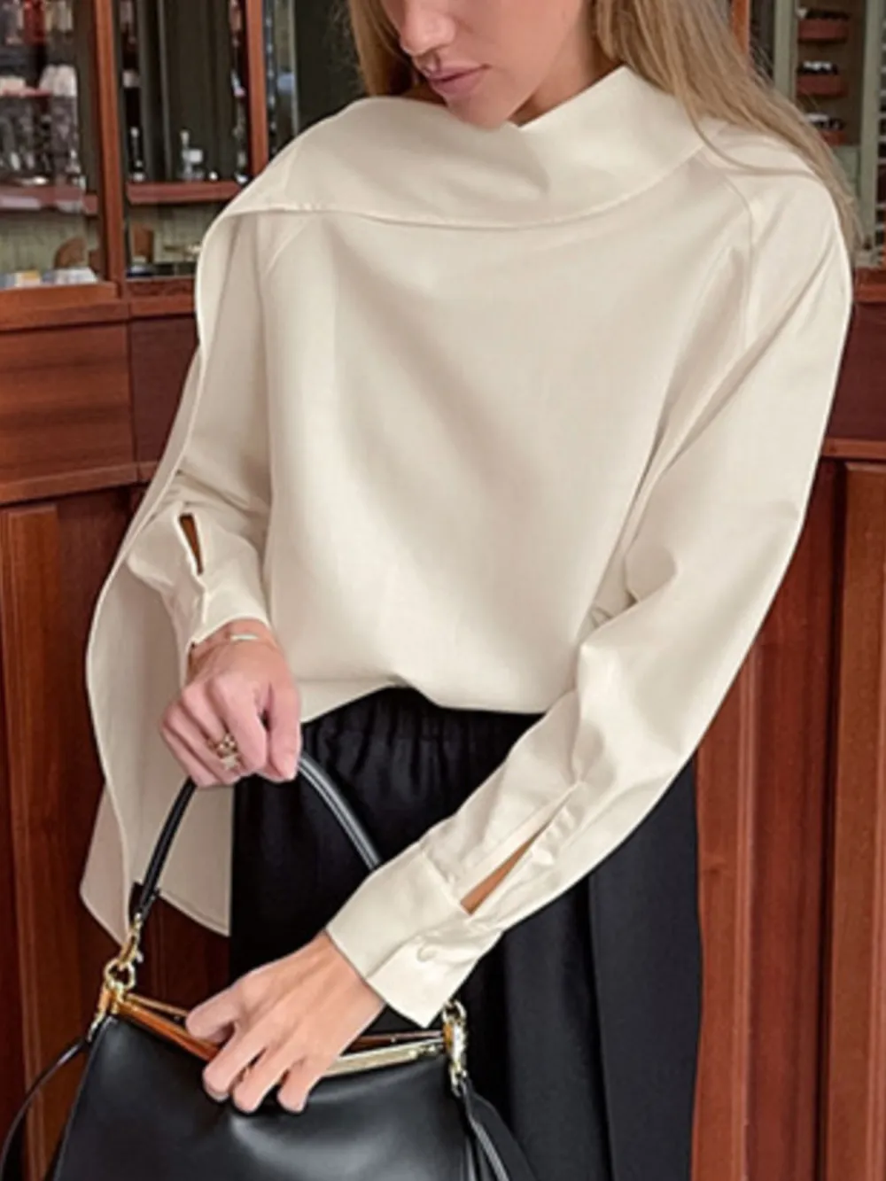 Asymmetrical High Collar Long Sleeve Blouse