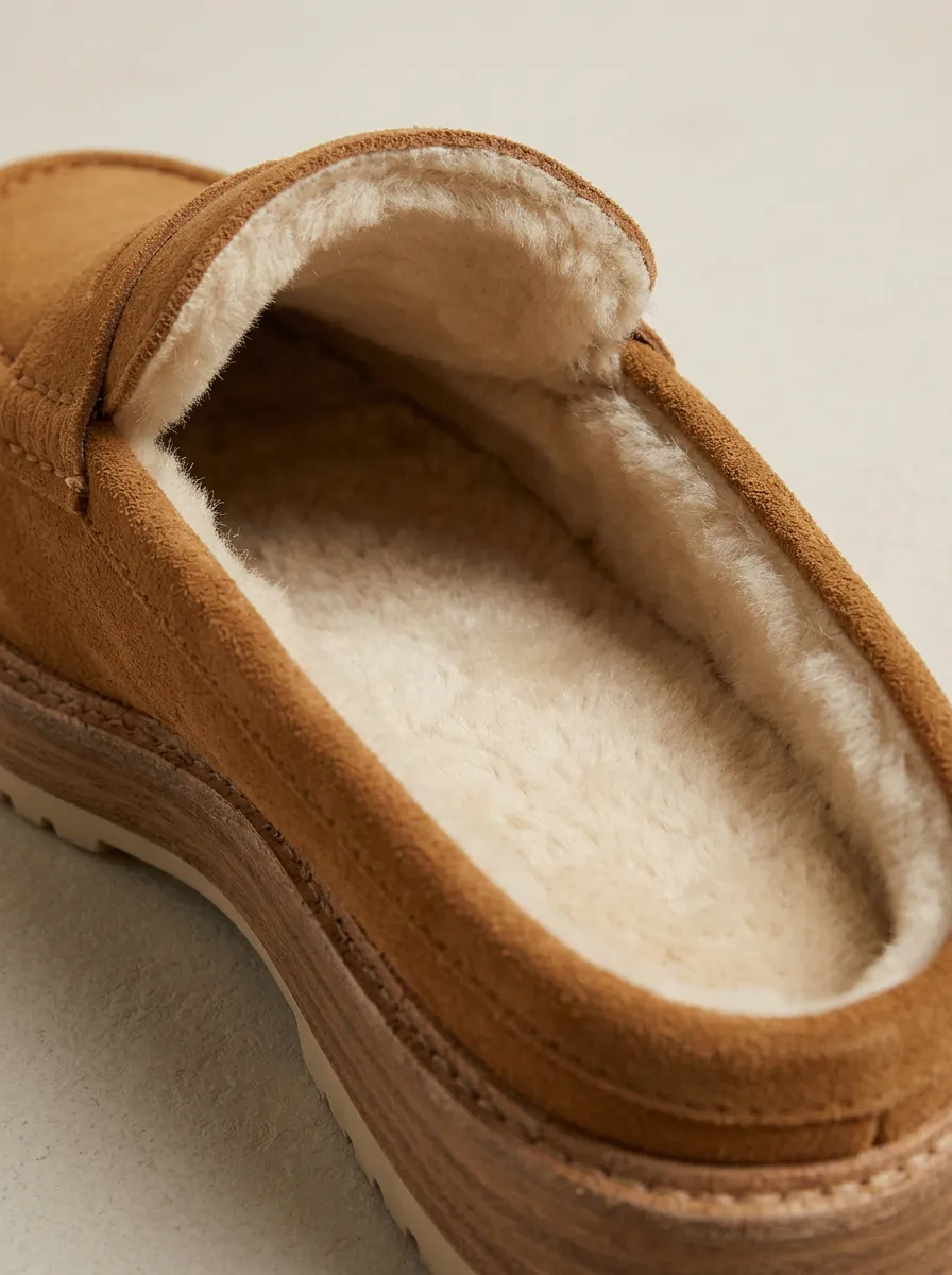 Women's Faux Fur Lined Platform Winter Suede Wood Sole Loafers