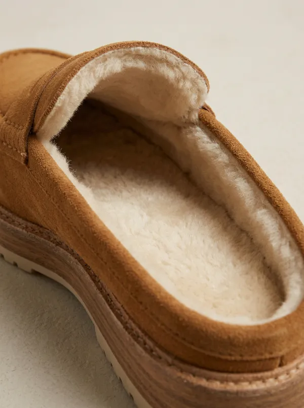 Women's Faux Fur Lined Platform Winter Suede Wood Sole Loafers