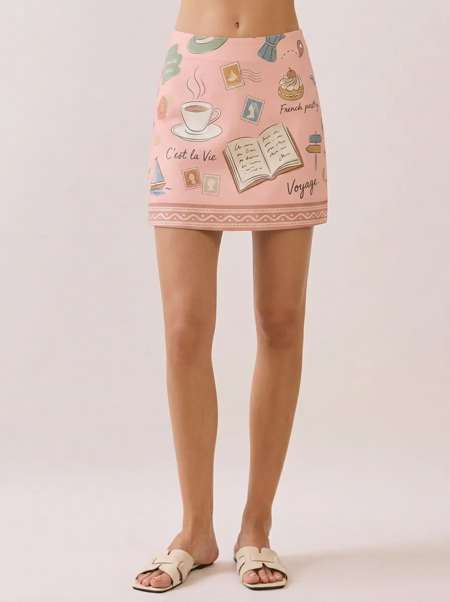 Women's Travel Lover French Pastry Stamp Printed Mini Skirt
