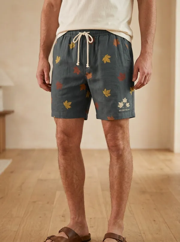 Olive Leaf-print Drawstring Embroidered Shorts