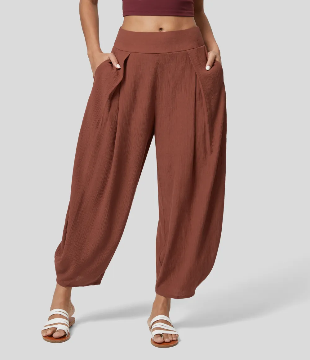 High Waisted Back Elastic Side Pocket Plicated Barrel Leg Casual Joggers