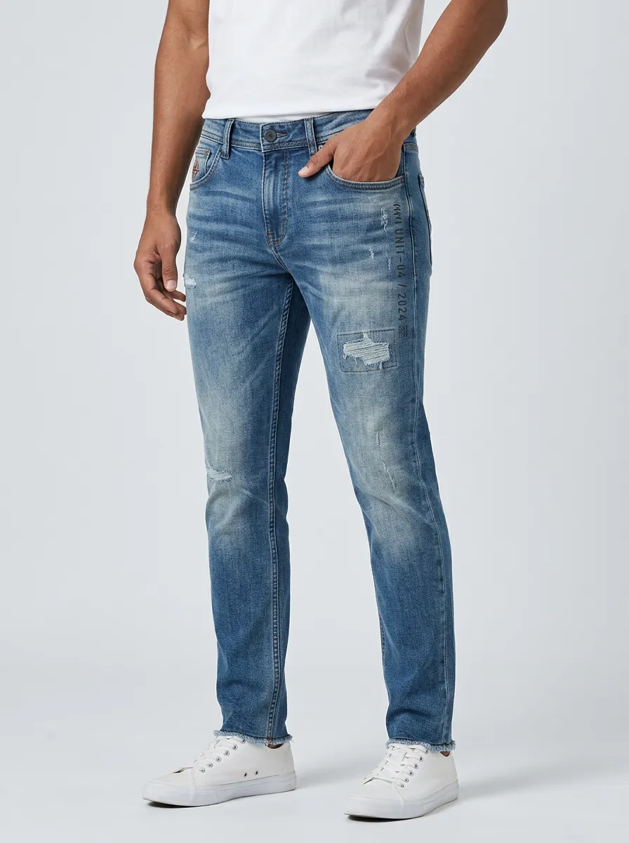 Men's Mid-Blue Urban Distressed Slim Fit Jeans