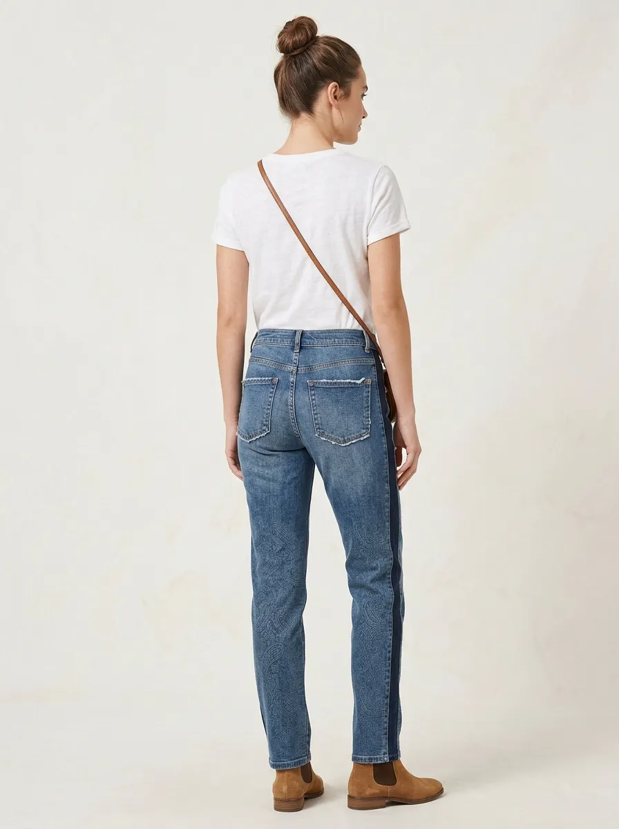 Women's Paisley Pattern Side Stripe Printed Jeans
