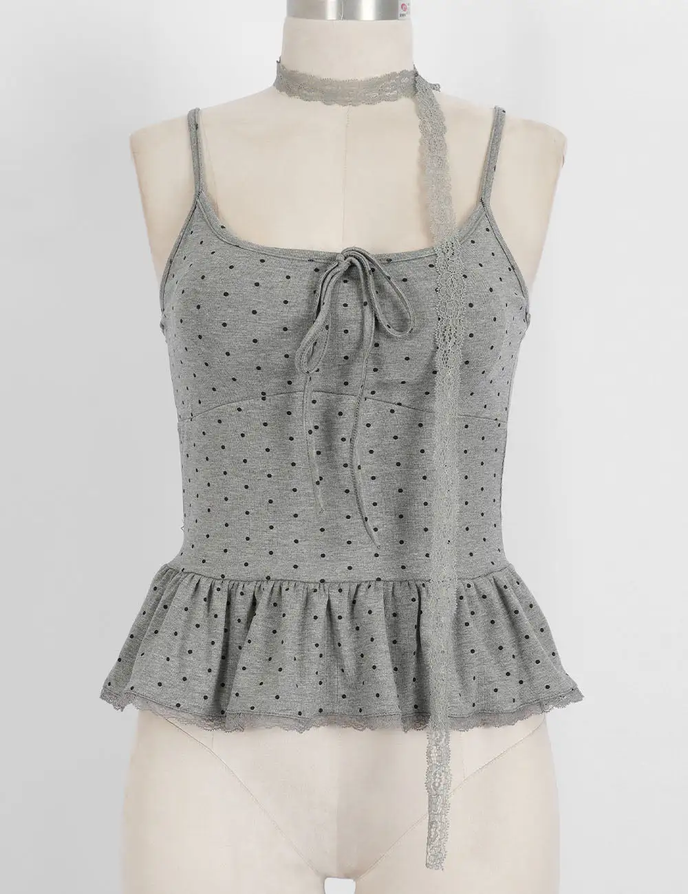 Polka Dot Scarf Neck Lace Trim Peplum Cami Top