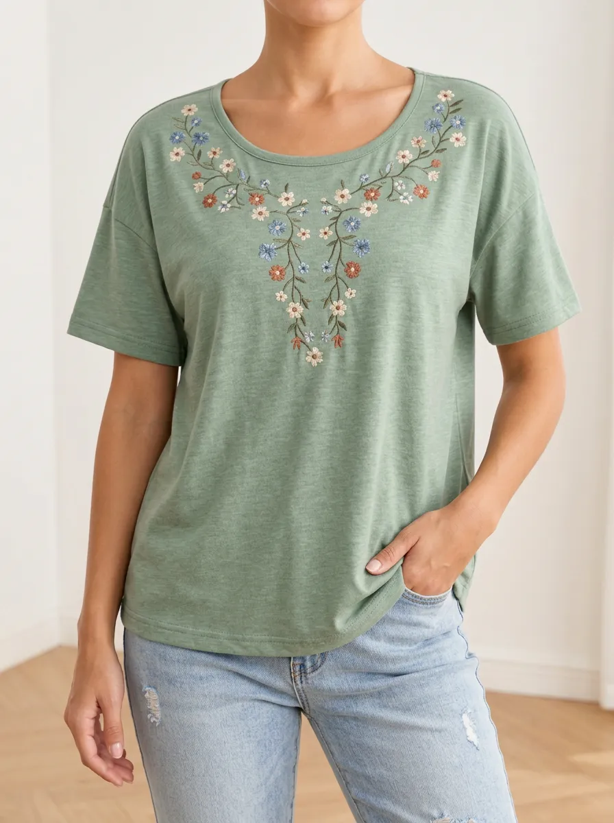Casual Style Floral Print Embroidered Detail Women's Relaxed Short Sleeve Tee