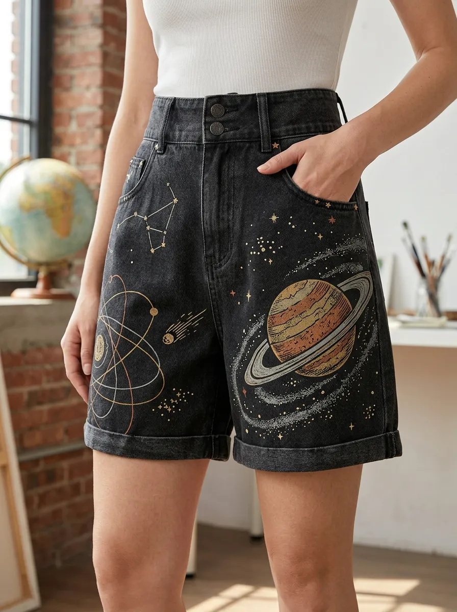 Women's Space Lover Saturn Planet Constellation Printed Denim Shorts