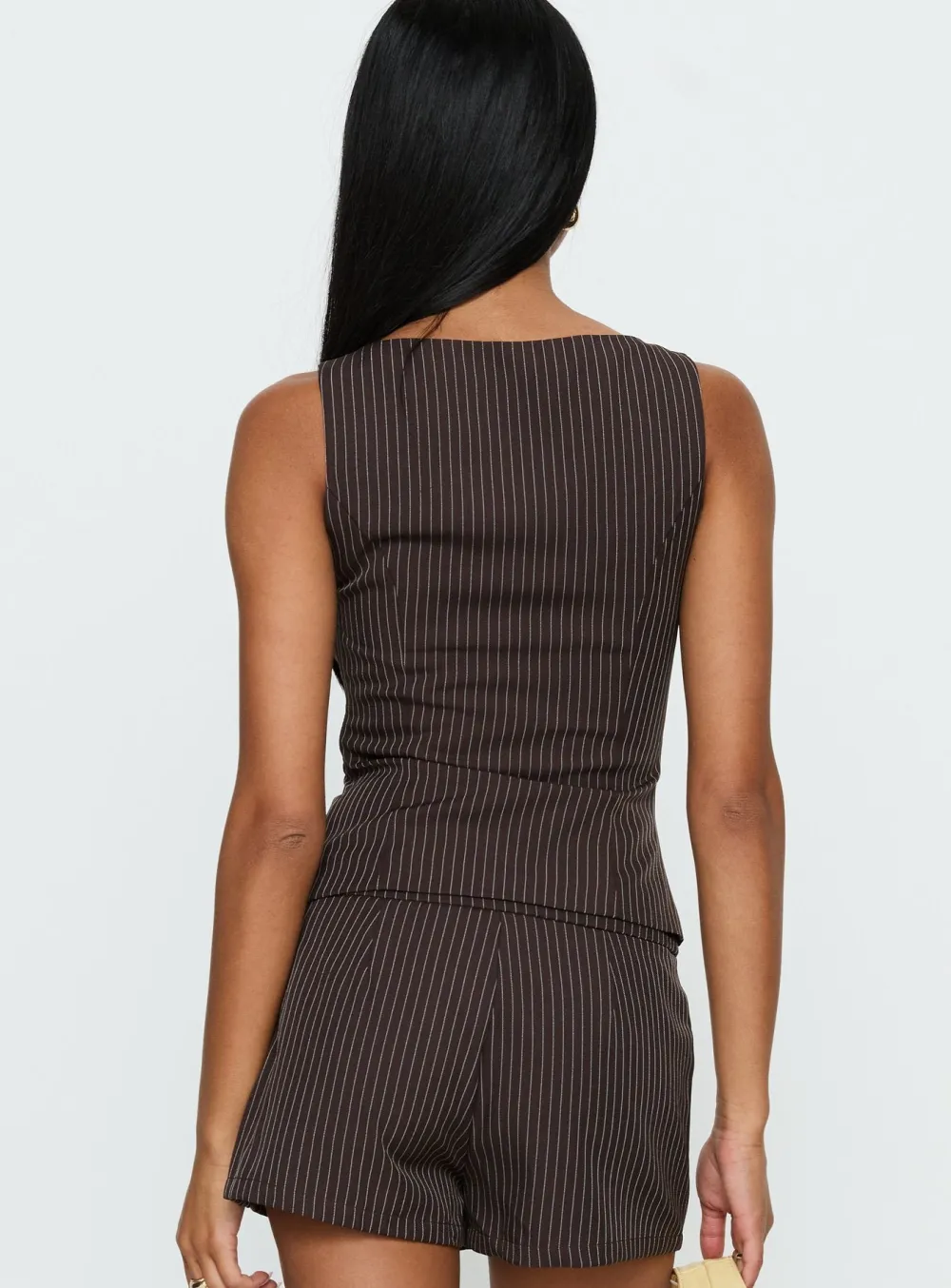 Brown Pinstripe Tailored Square-Neck Top