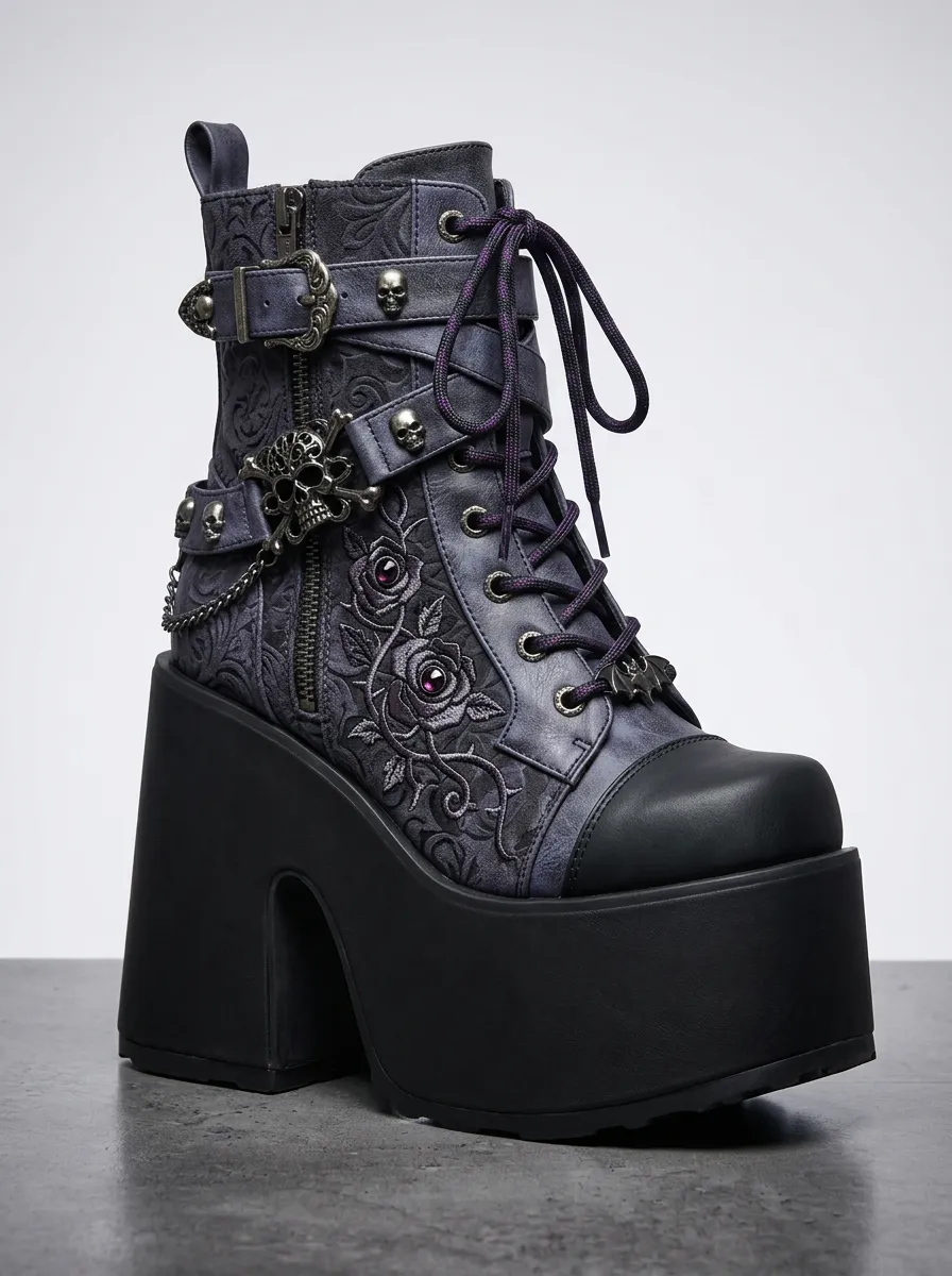 Dramatic Skull Rose Embossed Gothic Edit Women's Gothic Platform Boots