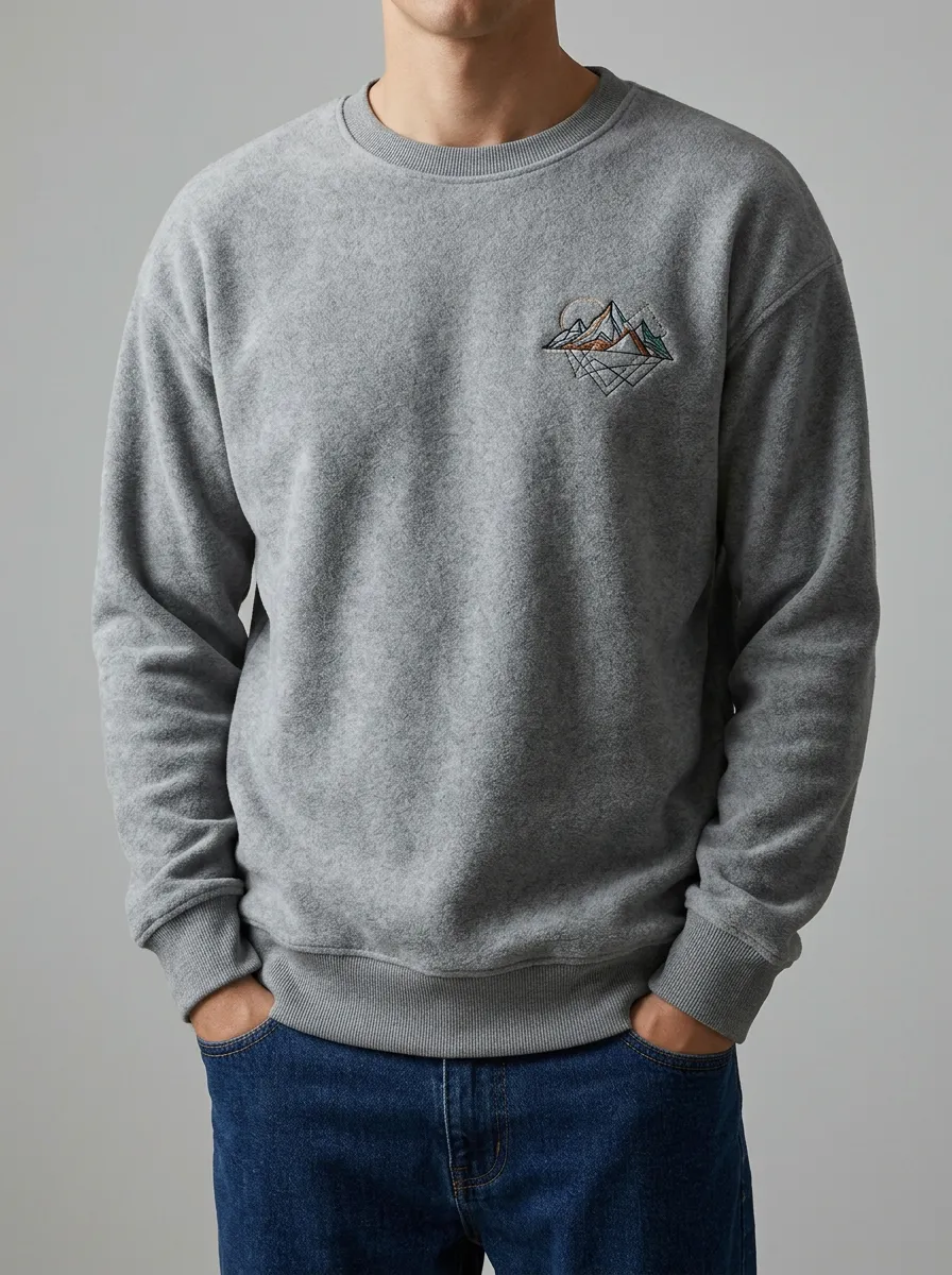 Men's Grey Outdoor Geometric Mountain Fleece Sweatshirt
