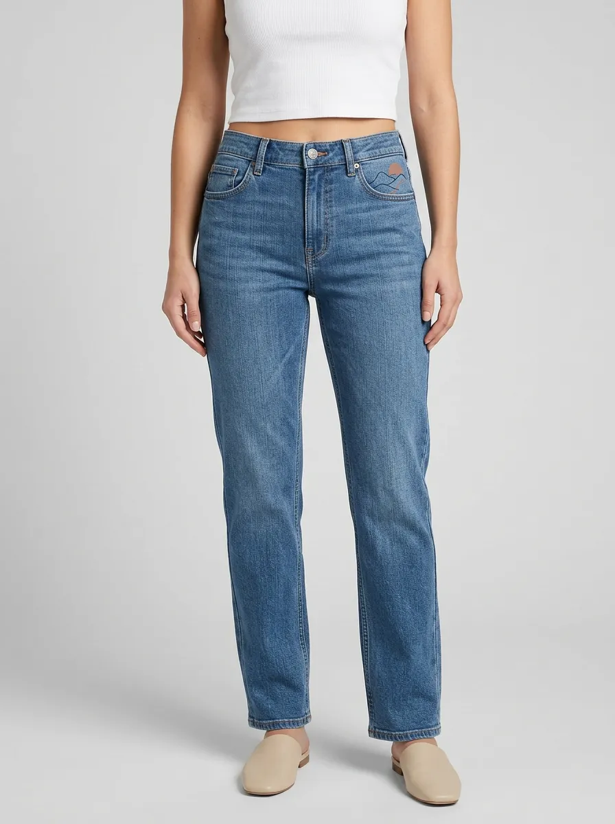Women's Mountain Sunset Embroidered Coin-Pocket High-Rise Straight-Leg Jeans